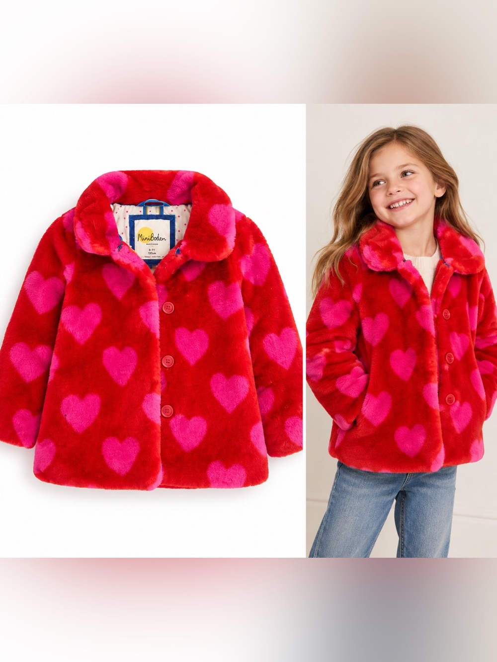 Mini Boden Faux Fur Heart Coat Girls 6-7Y Red Pink Warm Coat